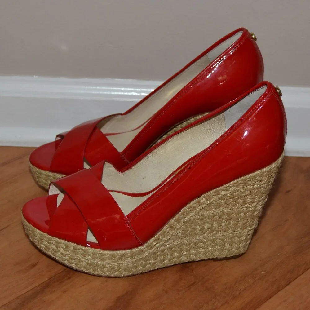 Michael Kors red leather Casandra Espadrille open toe Platform wedge sandals 8.5